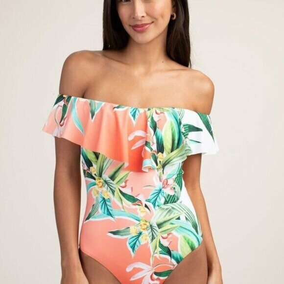 Trina Turk Swimsuit Women 4 Costa de Prata Off Shoulder One Piece Ruffle Floral - Picture 2 of 6